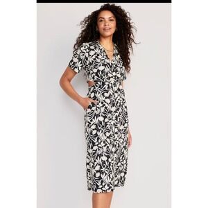 Old Navy Dress Women L Black White Floral Cut-Out Button Front Midi Resort
